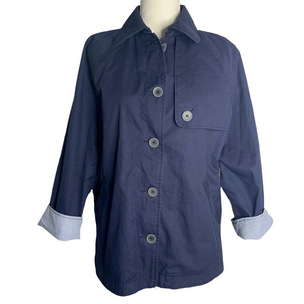 Benetton Button Front Jacket Overcoat M Blue Pockets Lightweight